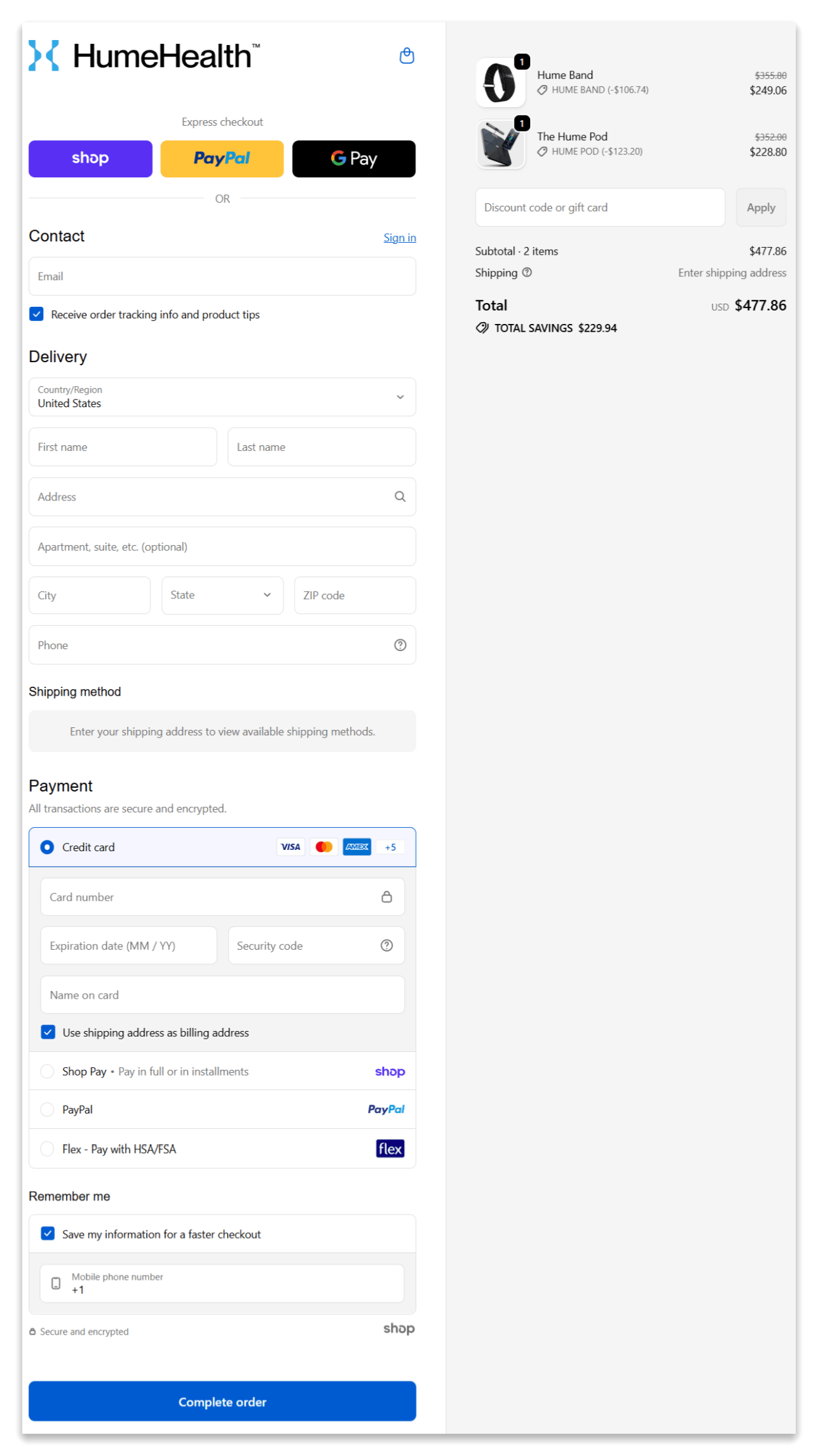 Hume Band secure checkout page
